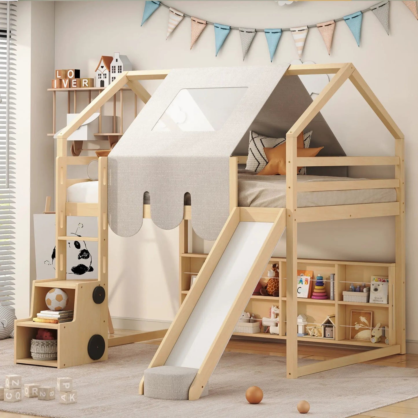 Loft bed with house-shaped frame and tent in natural wood finish, cozy play space on Tampa Home & Garden Store