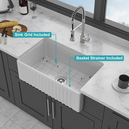 Apron-front single-bowl kitchen sink with accessories, sink grid and basket strainer, faucet on Tampa Home & Garden Store