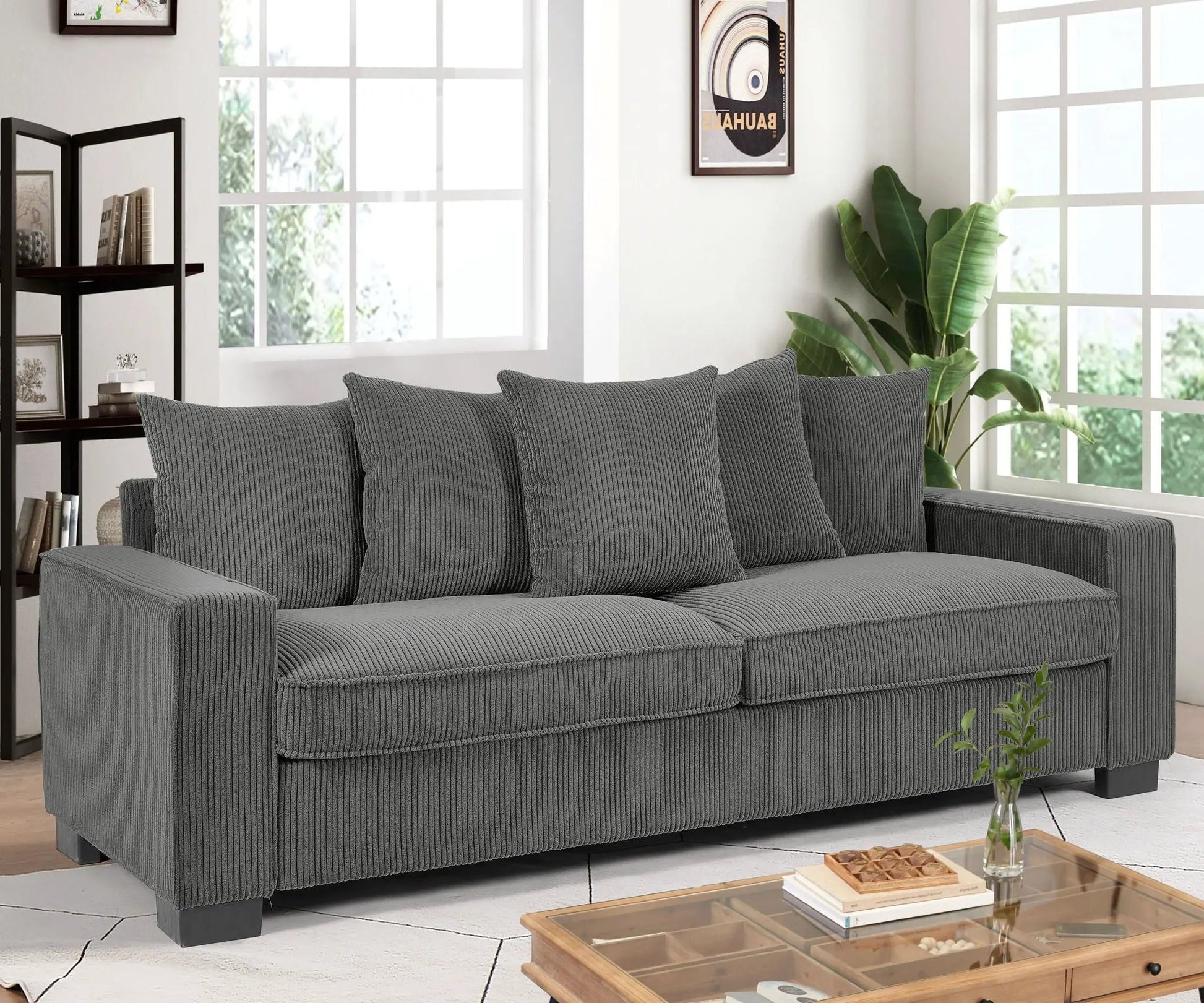 Luxe sofa 3-seater with 5 matching gray corduroy toss pillows Unique Piece Furniture on Tampa Home & Garden Store