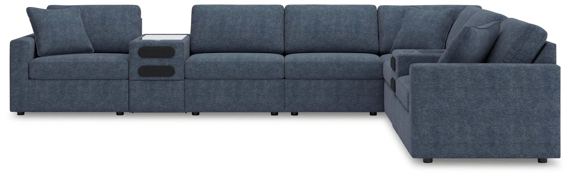 Modmax Sectional Ink, 6-piece modular sofa with console and cupholders in blue fabric on Tampa Home & Garden Store
