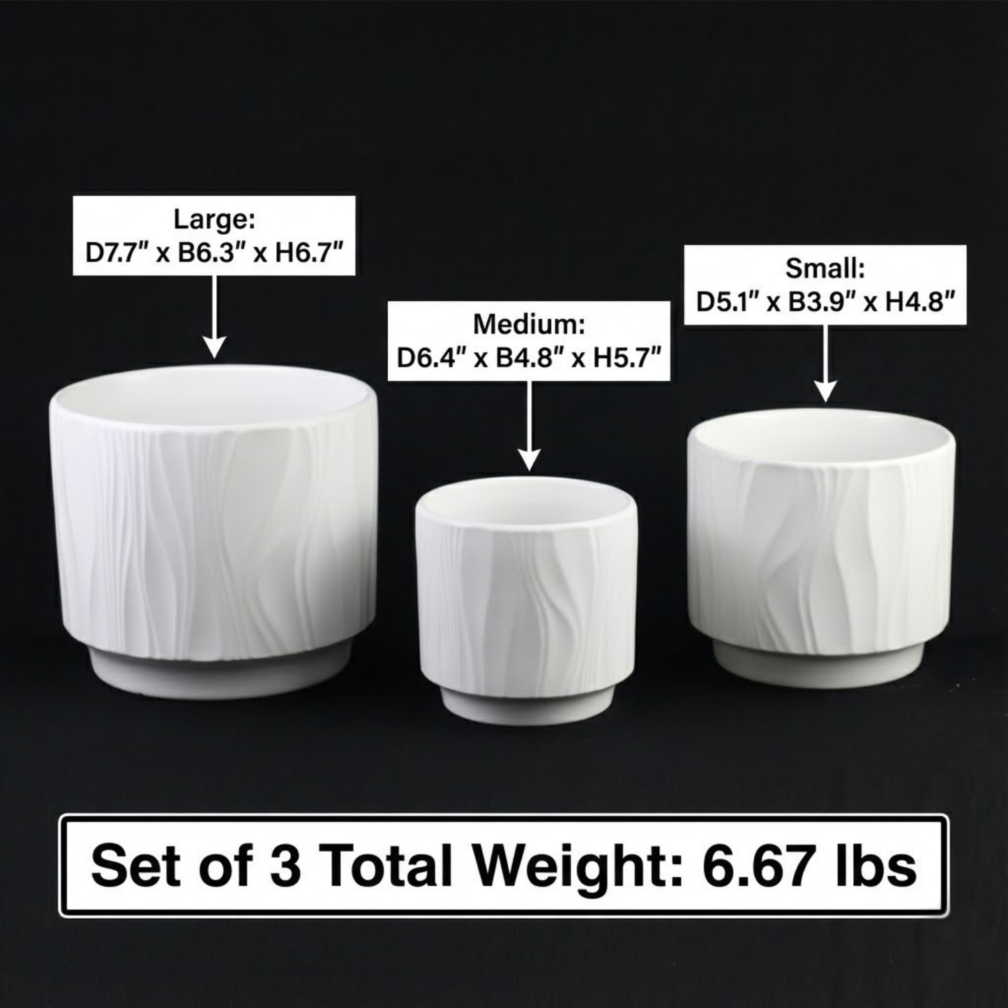 3-Piece White Stoneware Planter Pot Set with Embossed Texture