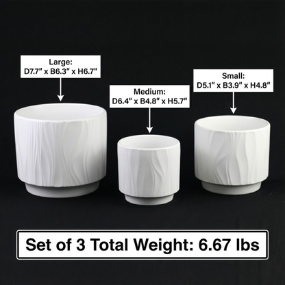 3-Piece White Stoneware Planter Pot Set with Embossed Texture