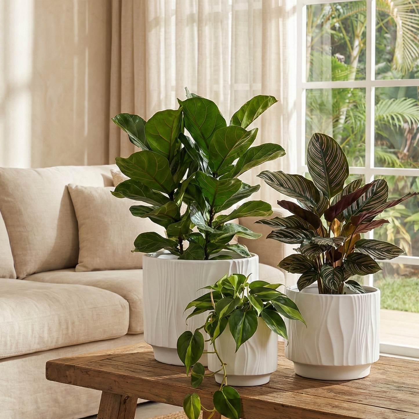 3-Piece White Stoneware Planter Pot Set with Embossed Texture