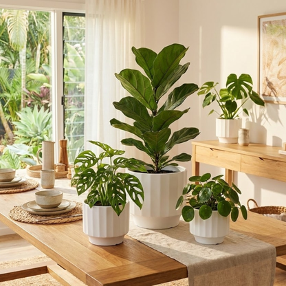 3-Piece White Stoneware Planter Set with Fluted Design