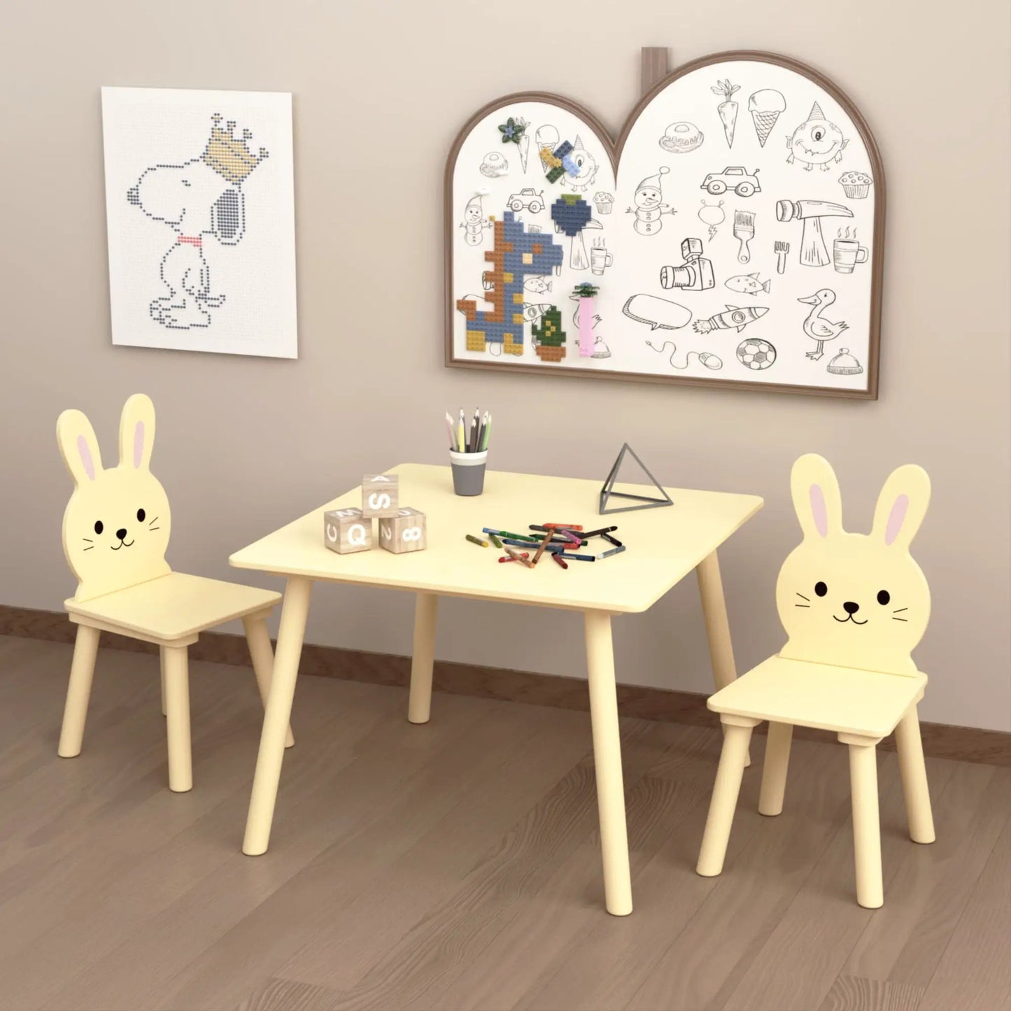 Table and chair set with 2 yellow bunny-back chairs for toddlers, activity table on Tampa Home & Garden Store