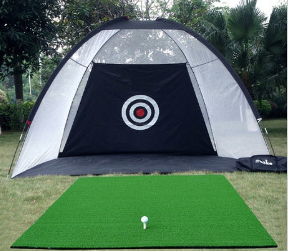 Golf practice net tent with target graphic on green turf mat and golf ball on tee on Tampa Home & Garden Store