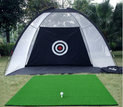 Golf practice net tent with target graphic on green turf mat and golf ball on tee on Tampa Home & Garden Store