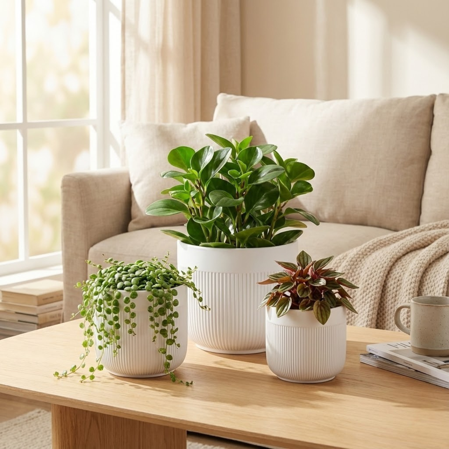 3-Piece White Stoneware Planter Pot Set with Vertical Line Texture