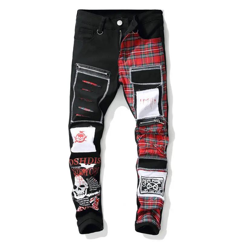 New men's ripped patch jeans by FLIPSTYLEZLLC in black denim with red plaid patches on Tampa Home & Garden Store