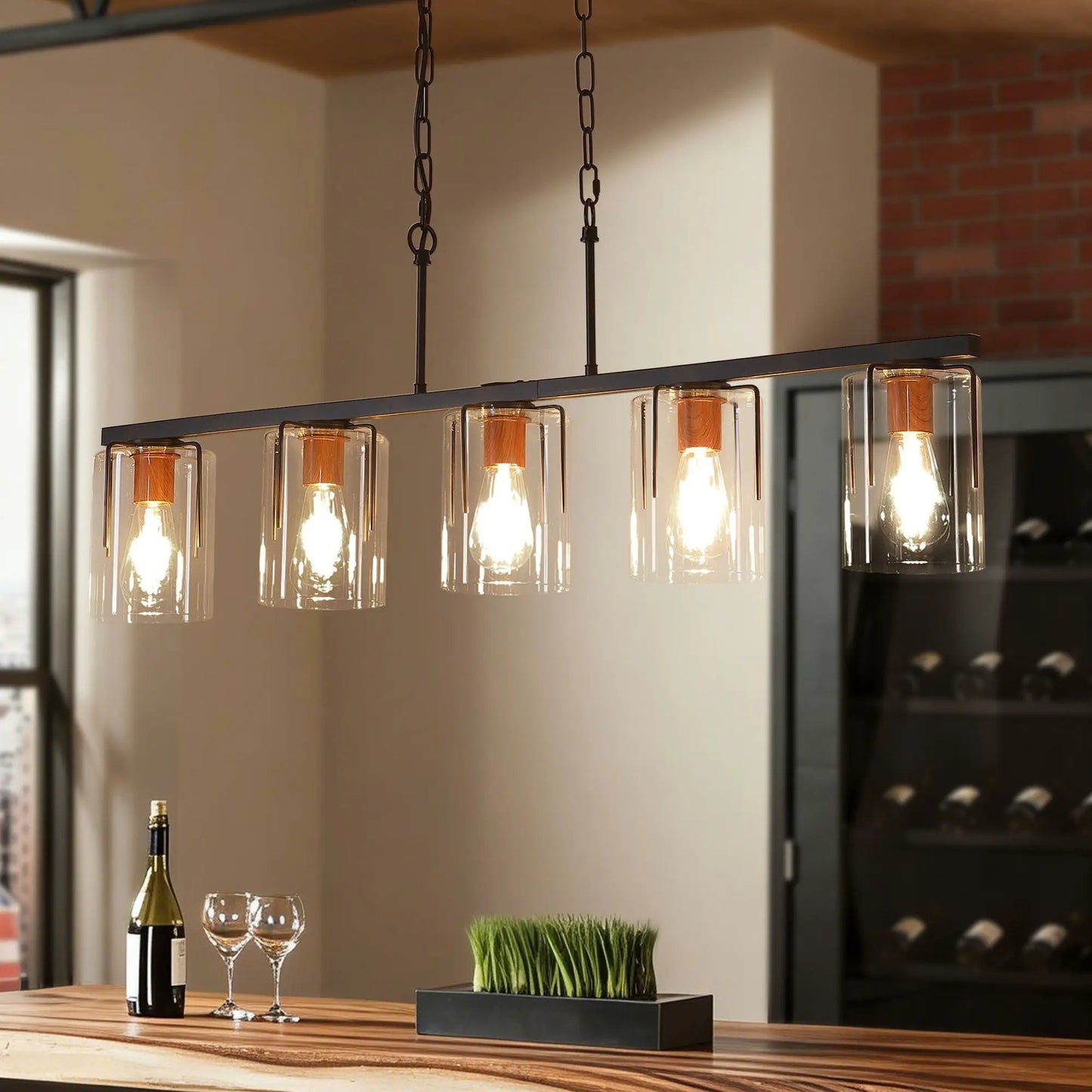 Adjustable Pendant Lighting with Wood Grain