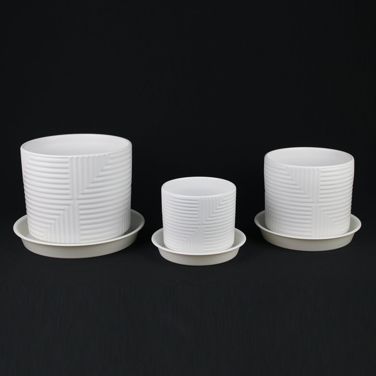 3-Piece White Stoneware Planter Set with Geometric Line Design - Tampa Home & Garden Store