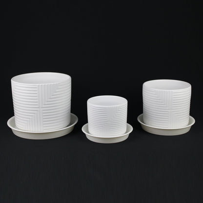 3-Piece White Stoneware Planter Set with Geometric Line Design - Tampa Home & Garden Store