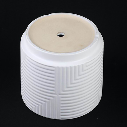 3-Piece White Stoneware Planter Set with Geometric Line Design