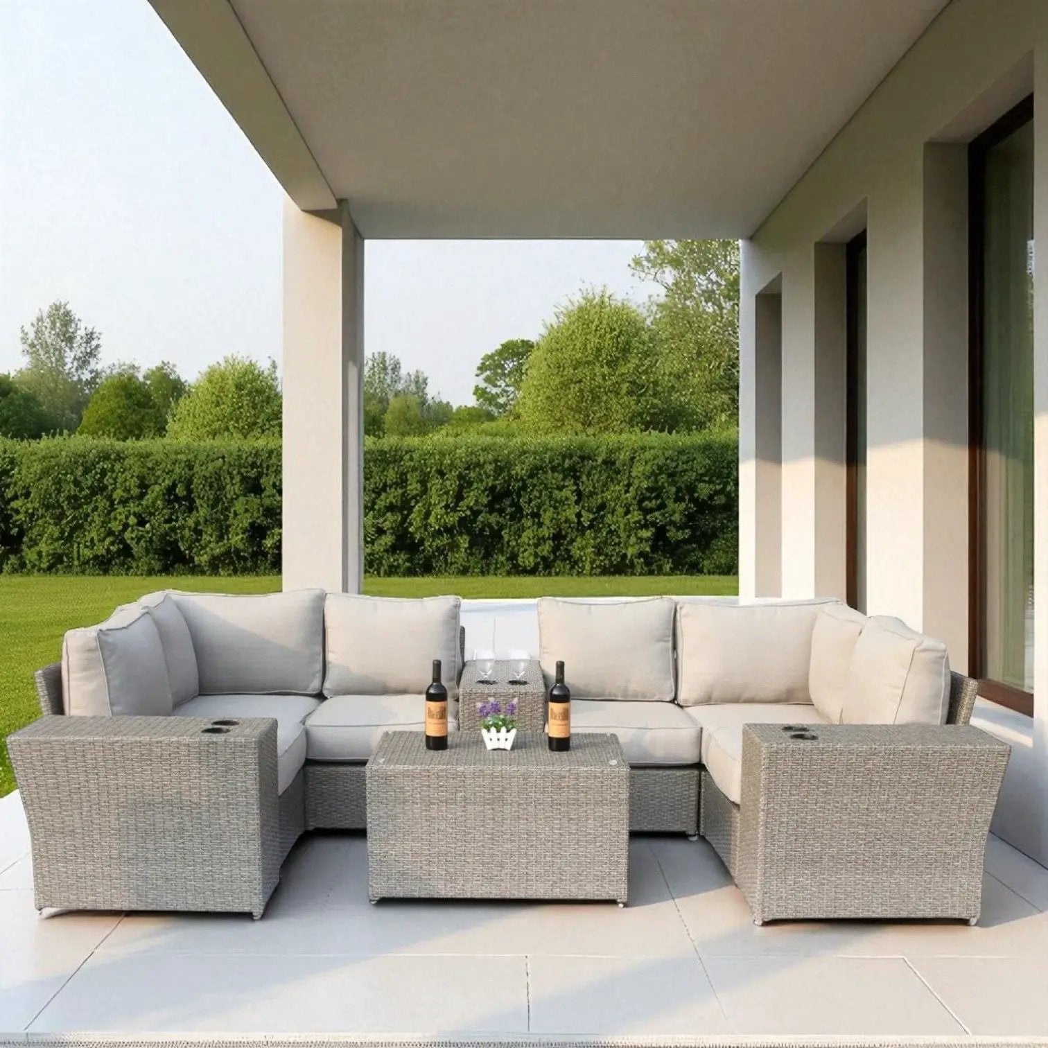 Wicker outdoor sectional with gray weather resistant cushions and table 2 piece set on Tampa Home & Garden Store