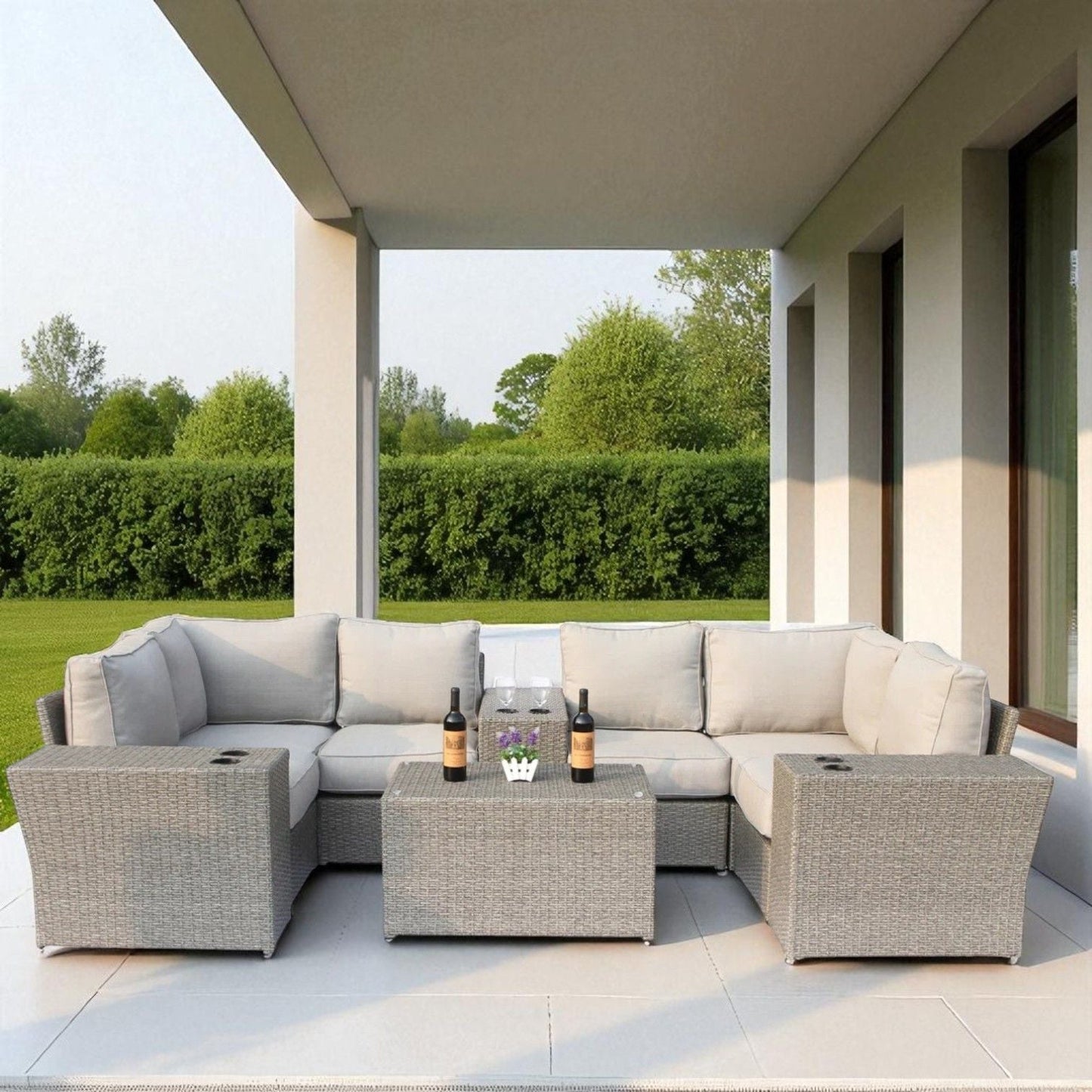 Outdoor Wicker Sectional with Cushions and Table