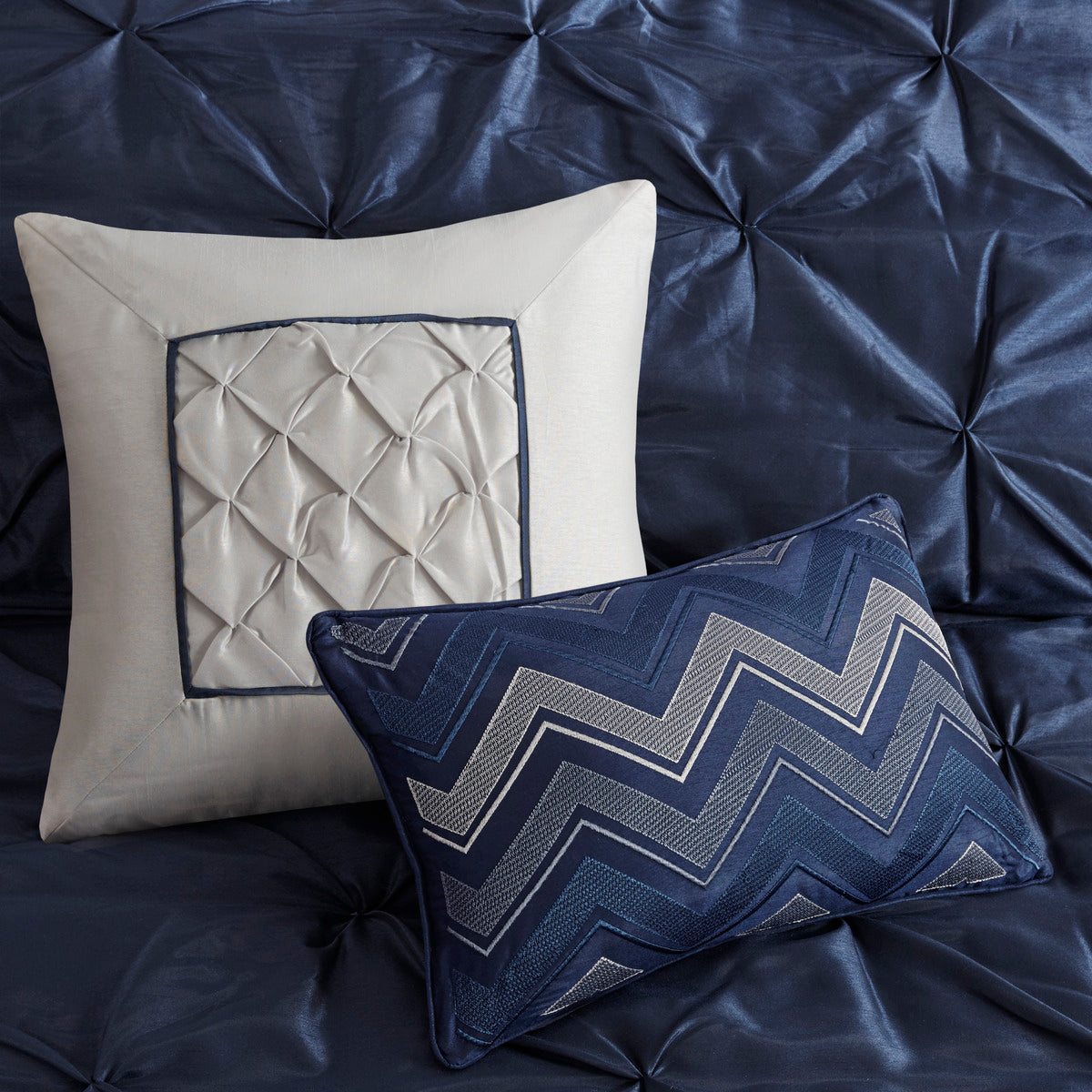 Navy Tufted 7 Piece Comforter Set For Queen Bed