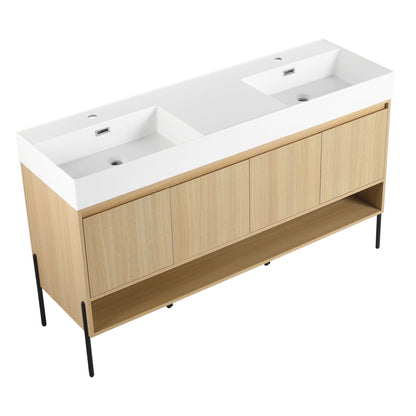 Modern bathroom vanity with white resin sink integrated into light oak storage cabinet on Tampa Home & Garden Store