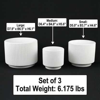 3-Piece White Stoneware Planter Pot Set with Ribbed Texture
