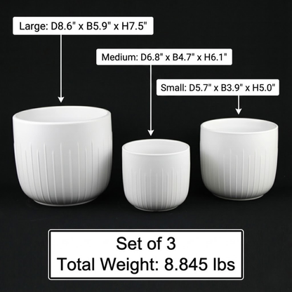 3-Piece White Stoneware Planter Pot Set with Vertical Groove Texture