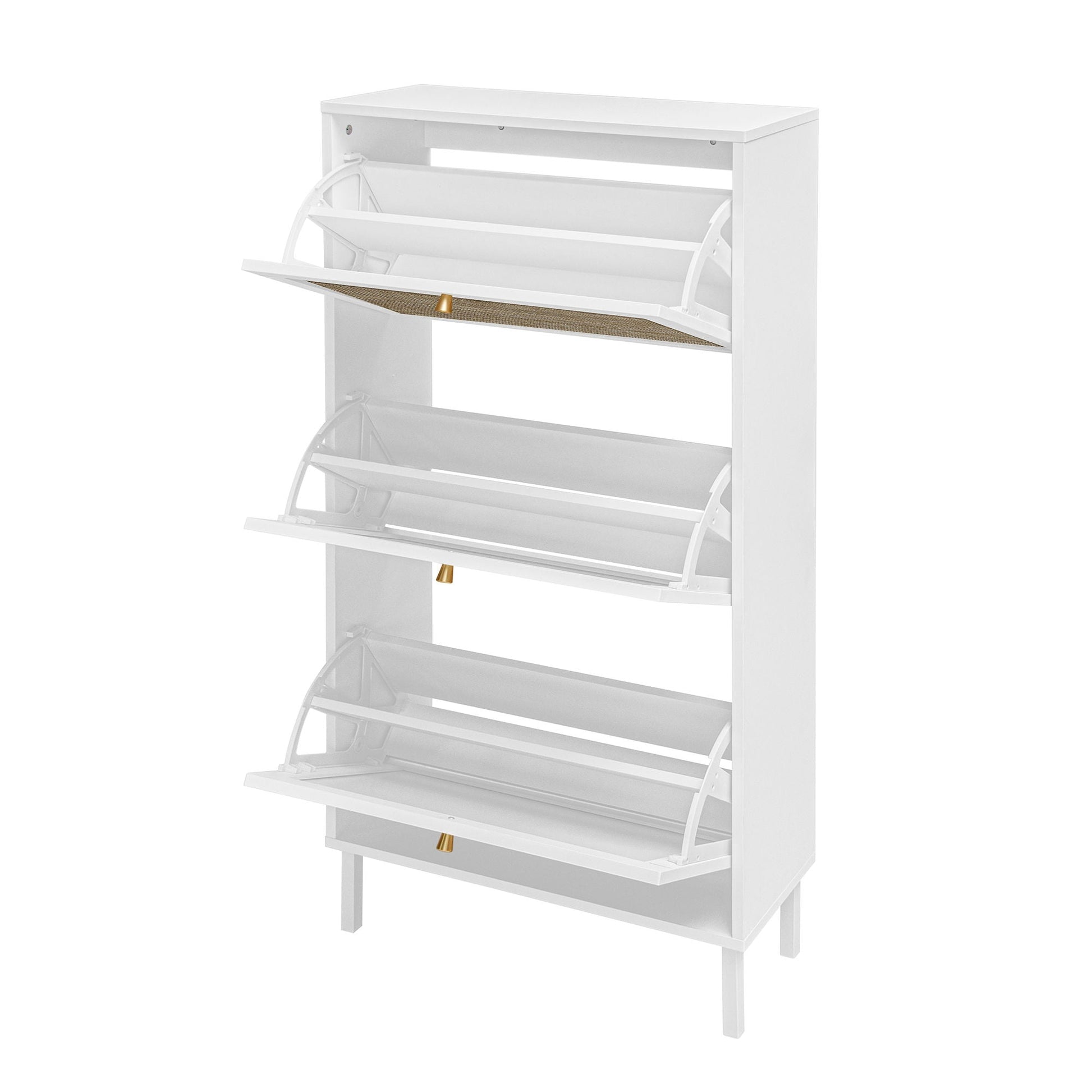 White modern shoe cabinet with three curved pull-down doors and rattan shelves on Tampa Home & Garden Store