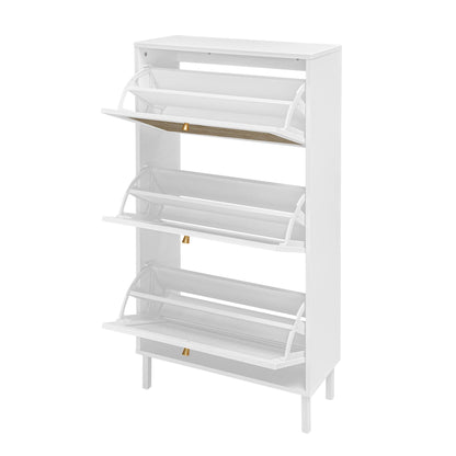 White modern shoe cabinet with three curved pull-down doors and rattan shelves on Tampa Home & Garden Store
