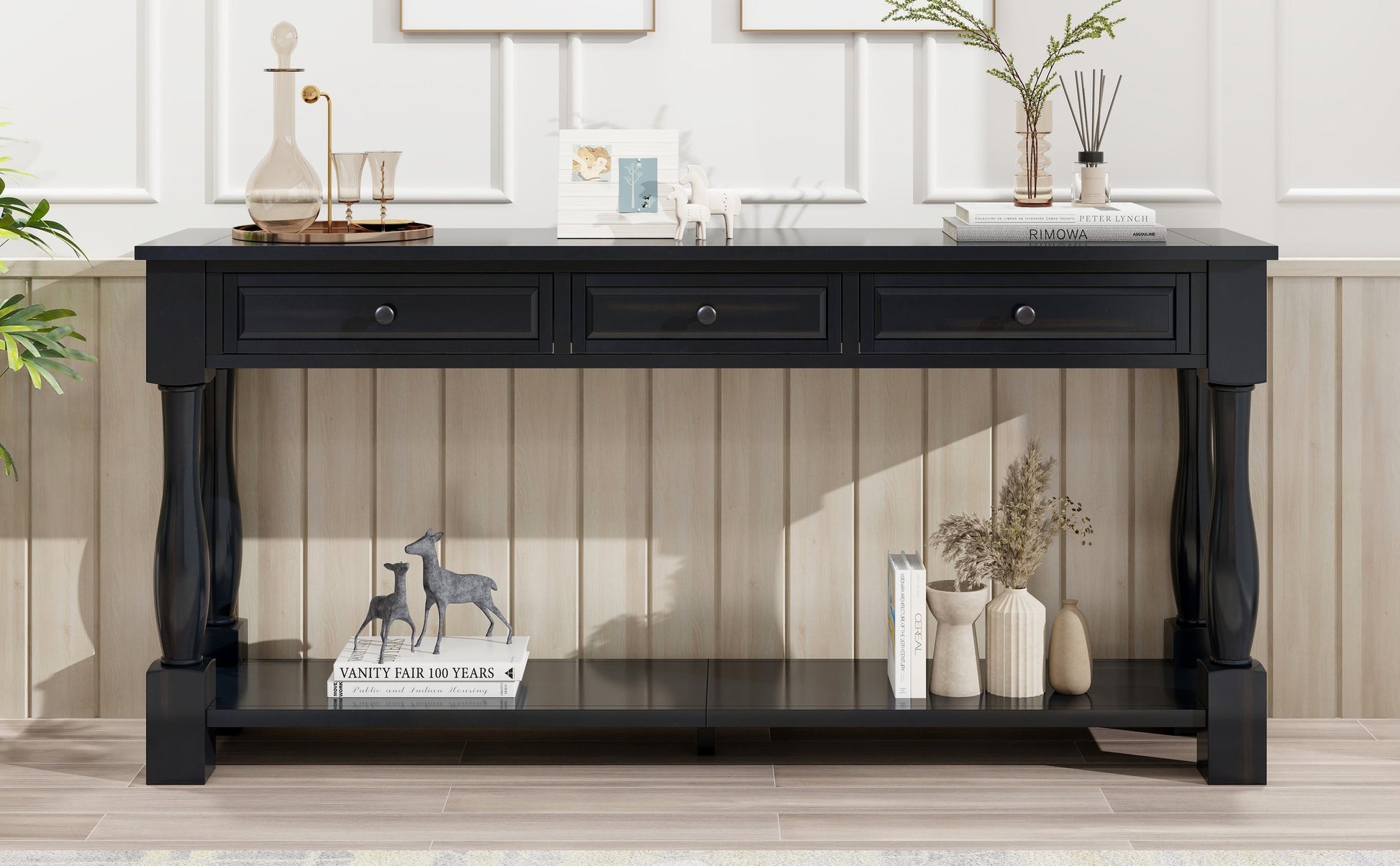 TREXM 63in black console table with 3 drawers and lower shelf, HouseOfZazla on Tampa Home & Garden Store