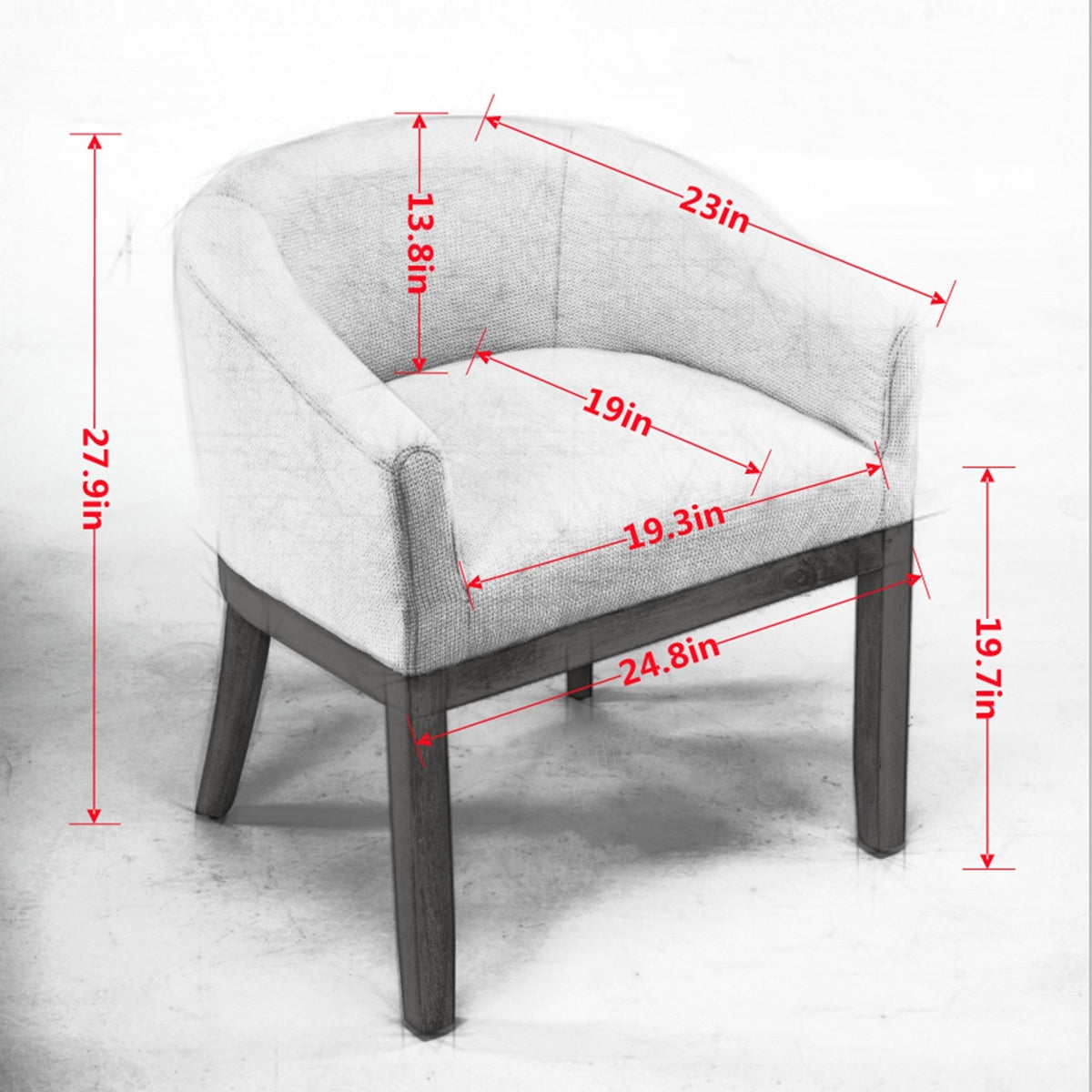Mid Century Modern Upholstered Barrel Dining Chair with Arms, grey fabric and wood legs on Tampa Home & Garden Store
