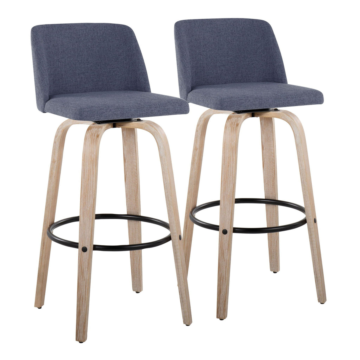 Bar stool set of 2 with blue fabric upholstery, natural wood legs and circular footrests on Tampa Home & Garden Store