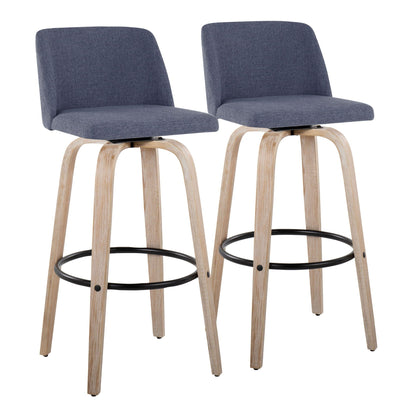 Bar stool set of 2 with blue fabric upholstery, natural wood legs and circular footrests on Tampa Home & Garden Store