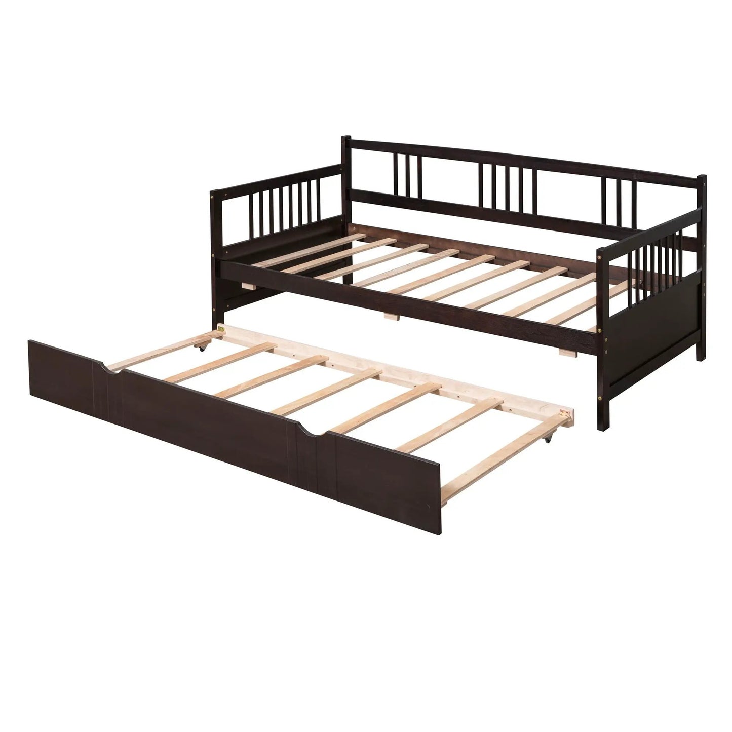 Multifunctional modern dark wood daybed frame with vertical slats and slatted base on Tampa Home & Garden Store