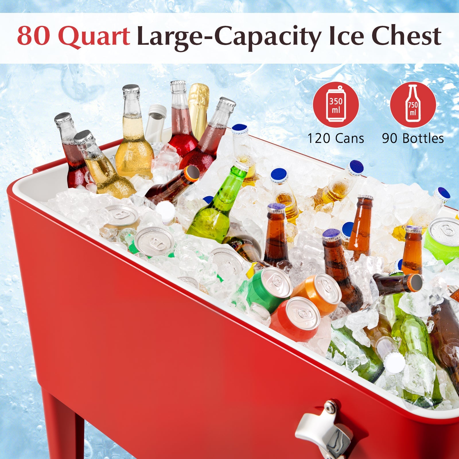 Portable Patio Cooler GemGear red with ice and assorted bottles and built-in bottle opener on Tampa Home & Garden Store