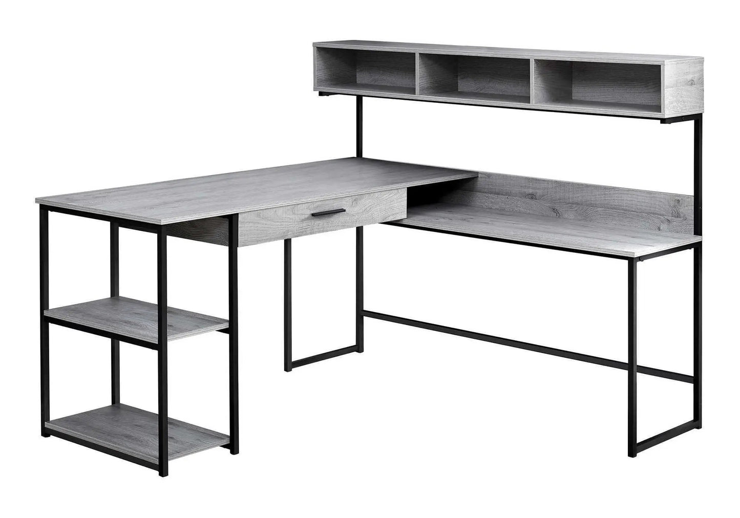 L-shaped corner desk with gray woodgrain top, black metal frame, drawer, and three open cubbies on Tampa Home & Garden Store