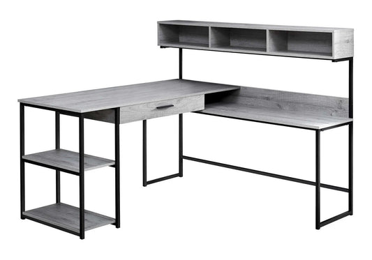L-shaped corner desk with gray woodgrain top, black metal frame, drawer, and three open cubbies on Tampa Home & Garden Store