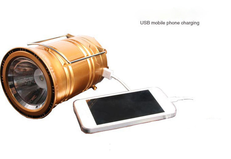 Solar charging telescopic camping lantern with USB phone charging, orange metal body on Tampa Home & Garden Store
