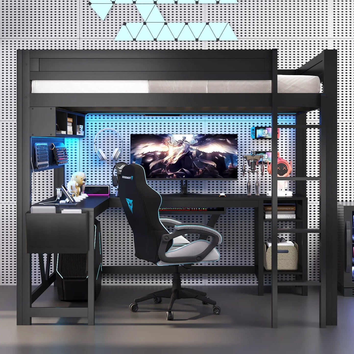 Gaming Loft Bed with Desk and LED Lighting