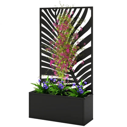 Raised metal planter with zebra privacy panel and climbing pink blooms above purple irises on Tampa Home & Garden Store