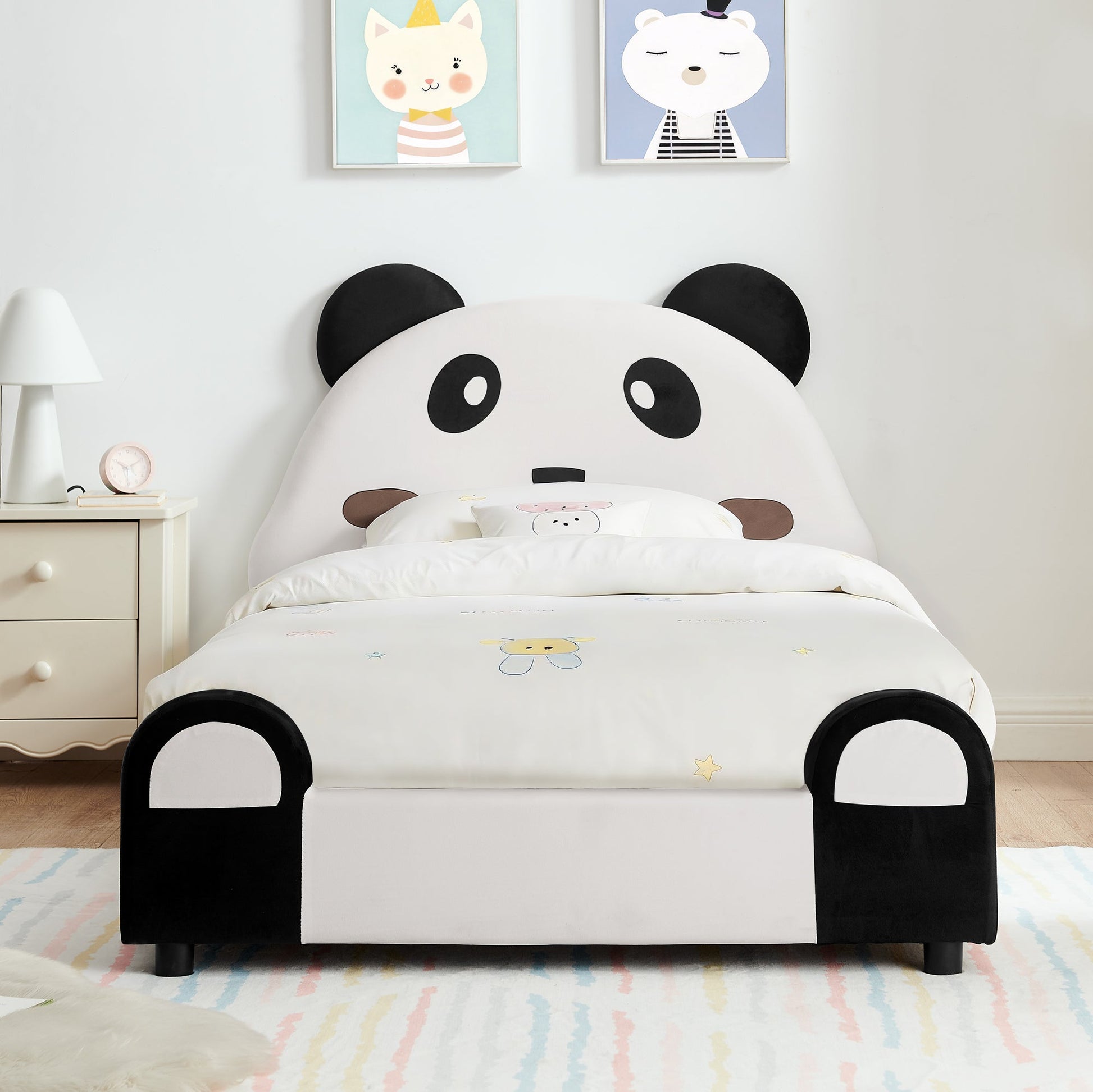 Twin size panda-shaped kids bed with velvet fabric in black and white on Tampa Home & Garden Store