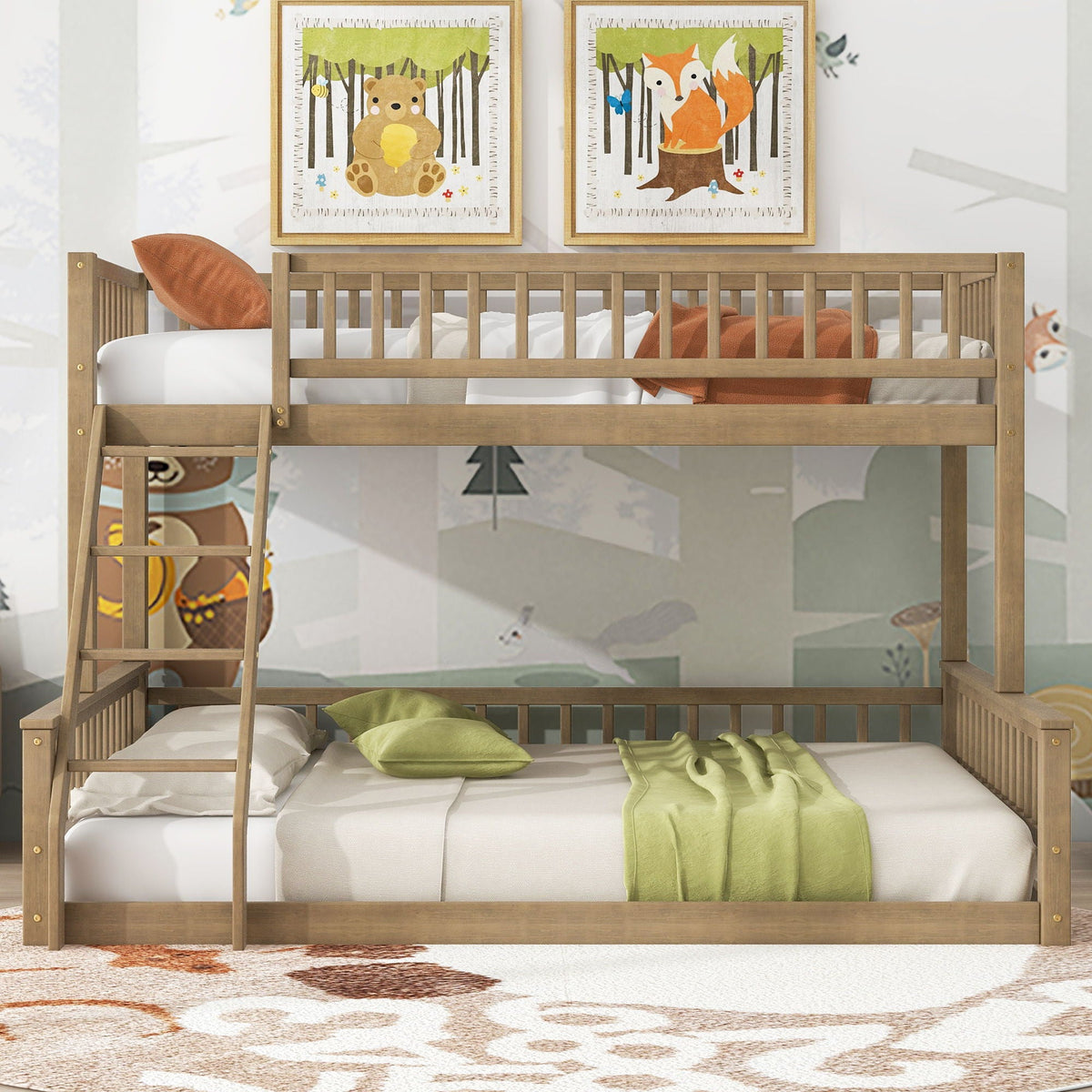 Bunk bed with ladder and guardrails in light wood finish, two-tier on Tampa Home & Garden Store