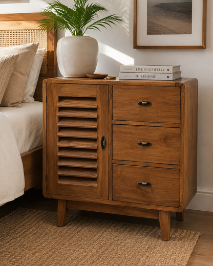 Recycled Teak 3-Drawer/1-Door Cabinet with a slatted left door, warm finish, black hardware on Tampa Home & Garden Store