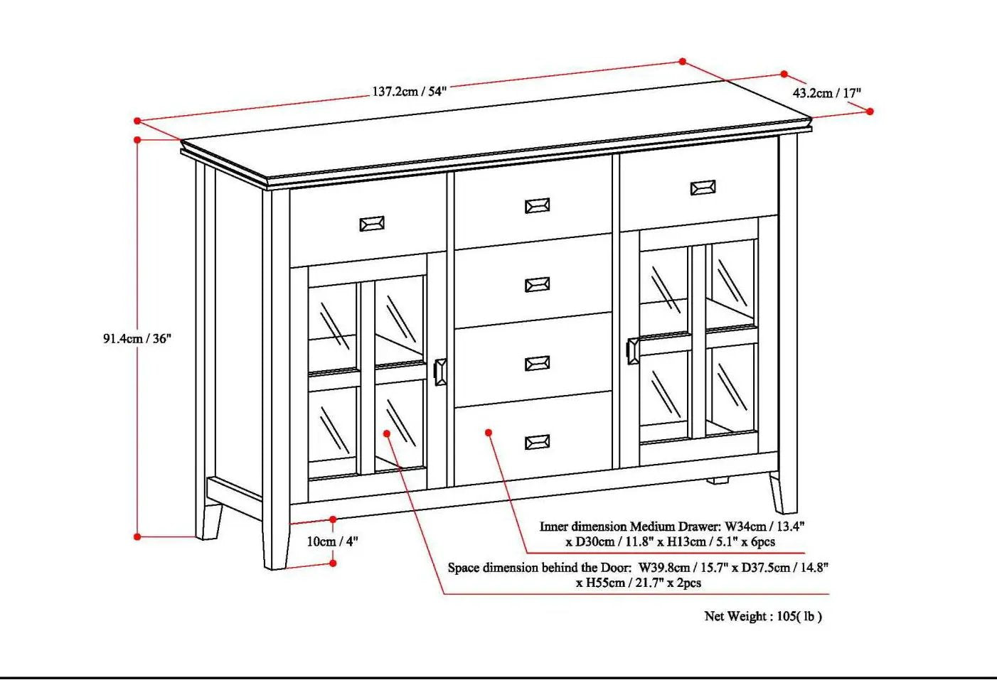 Artisan Sideboard Buffet blueprint with glass-front cabinets and a 6-drawer center on Tampa Home & Garden Store