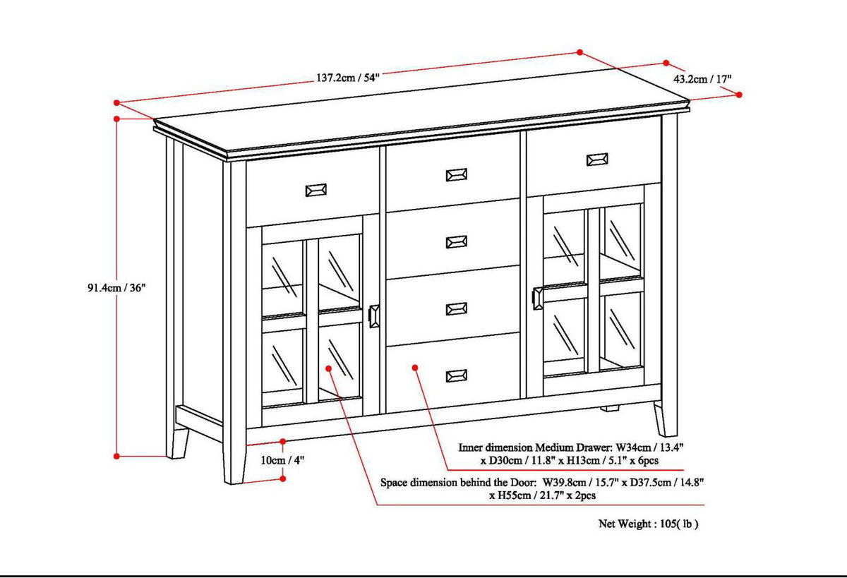 Solid wood sideboard buffet with glass storage, 54in L x 36in H x 17in D, HouseOfZazla on Tampa Home & Garden Store