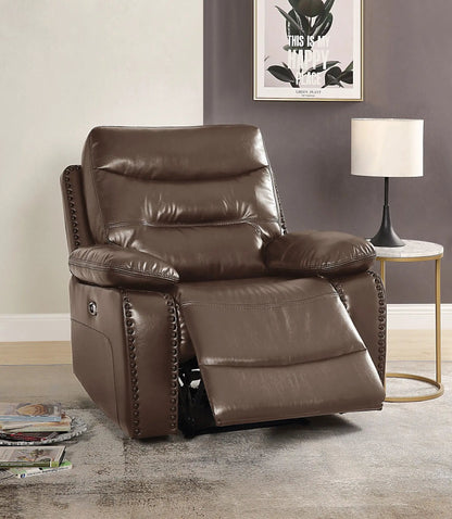 Aashi Leather Gel Match Recliner Chair brown leather with nailhead trim and padded arms on Tampa Home & Garden Store