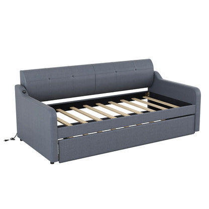 Upholstered Daybed With Trundle And USB Charging gray fabric HouseOfZazla trundle bed on Tampa Home & Garden Store