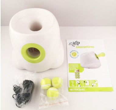 Dog Pet Automatic Ball Launcher white with lime green accent, 2 yellow balls, charger on Tampa Home & Garden Store