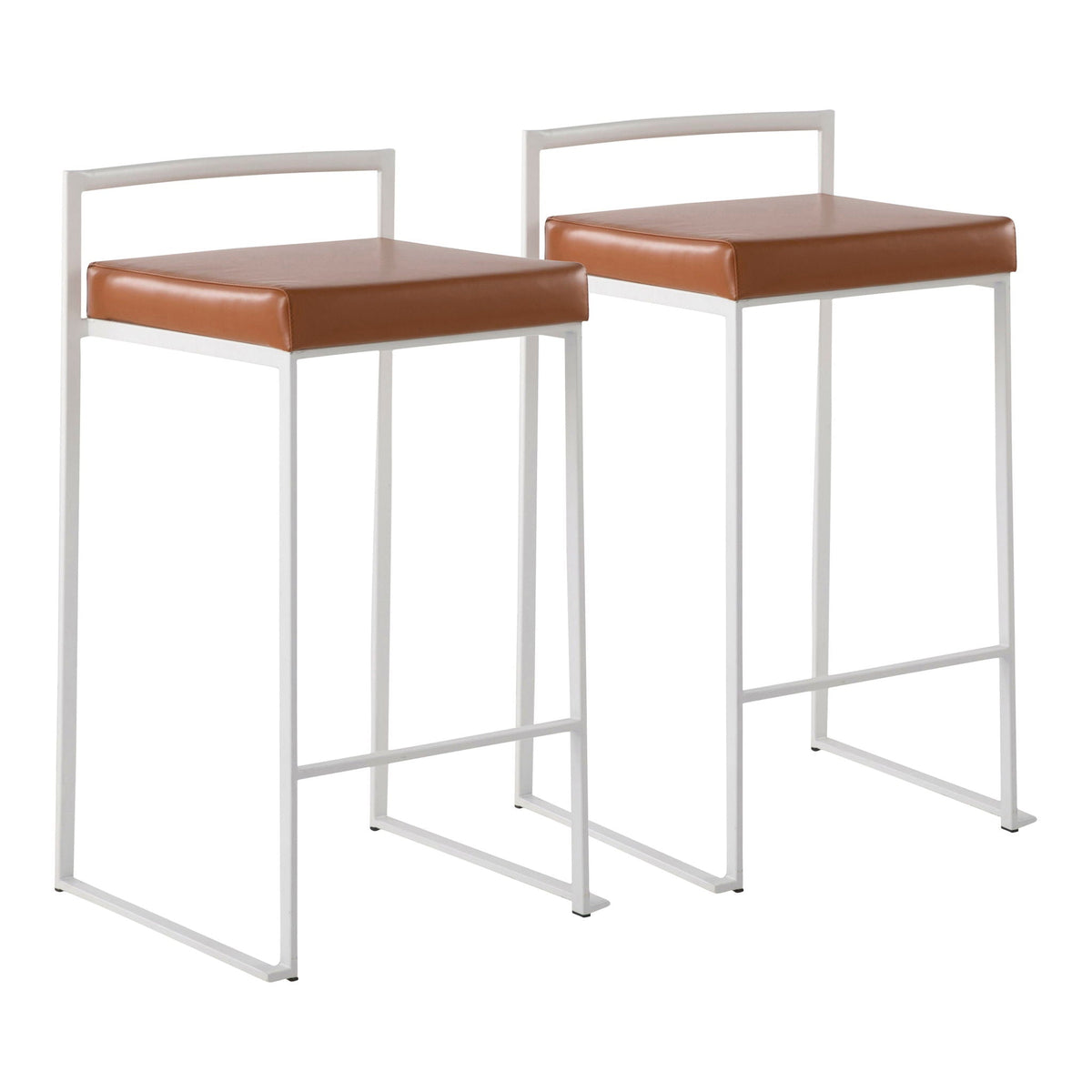 Stackable counter stools with padded brown seats and white metal frames; pair on Tampa Home & Garden Store