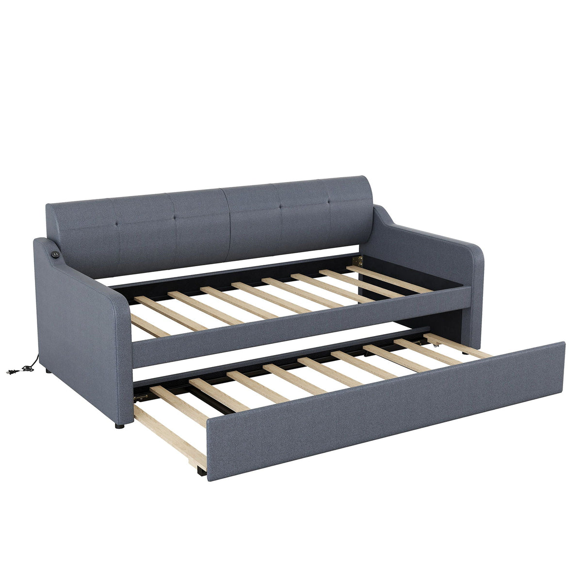 HouseOfZazla gray daybed with pullout trundle and USB charging; tufted back, wood slats on Tampa Home & Garden Store