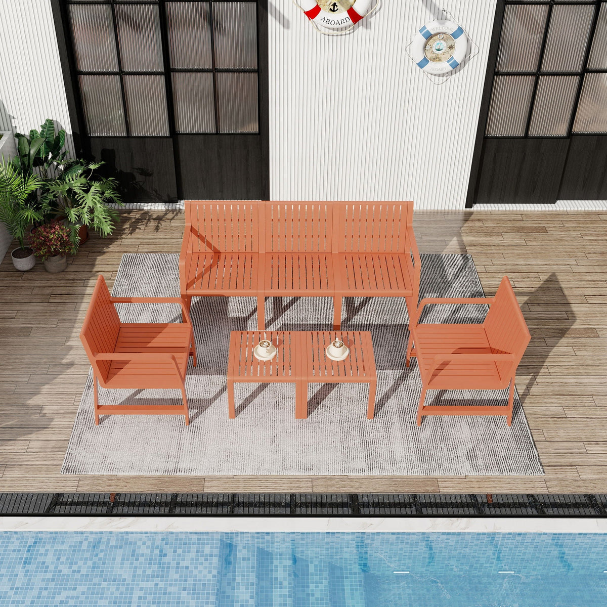 Waterproof 2-piece orange outdoor patio set by HouseOfZazla with slatted chairs on Tampa Home & Garden Store