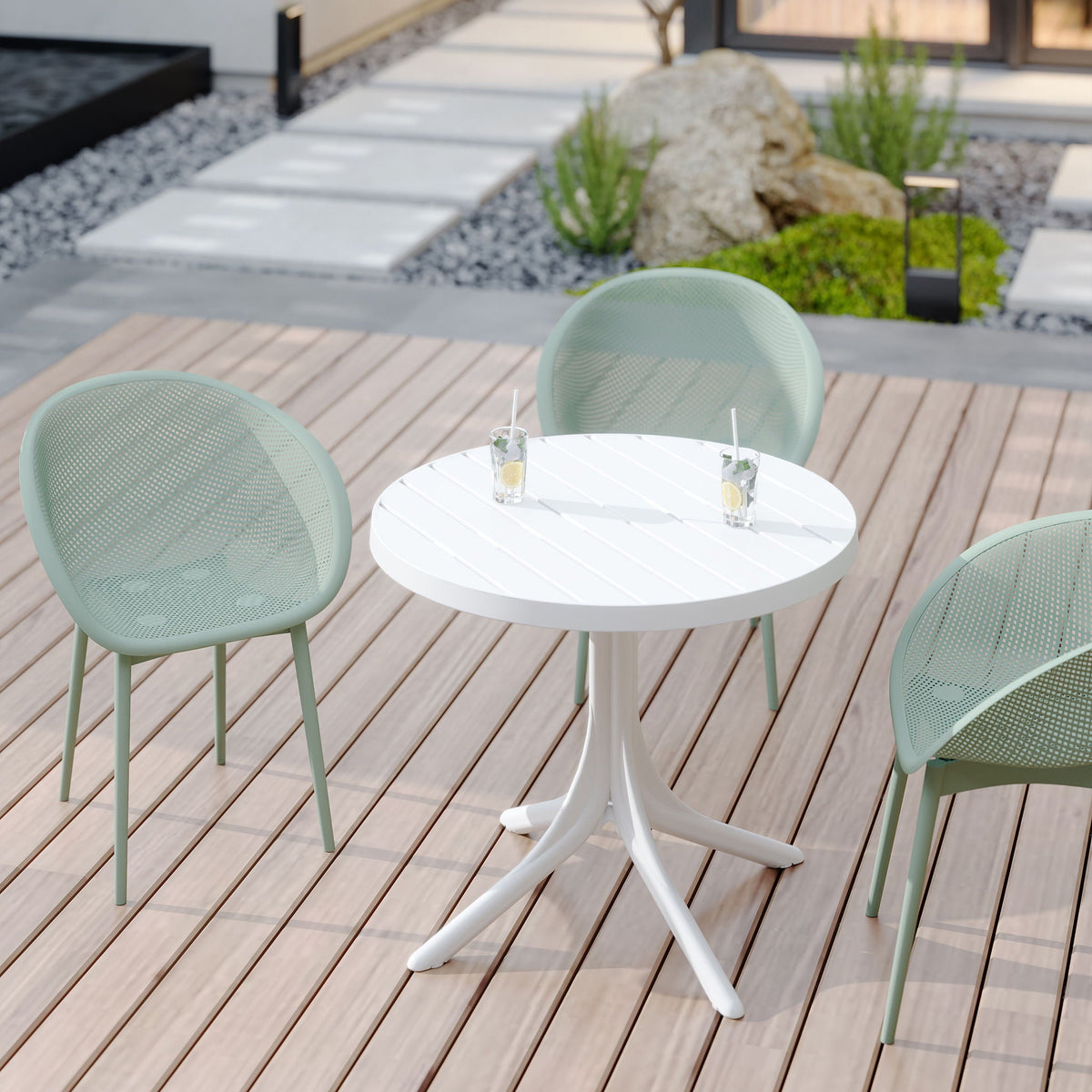 3 Piece Outdoor Set HouseOfZazla teal all-weather polypropylene chairs around a white table on Tampa Home & Garden Store