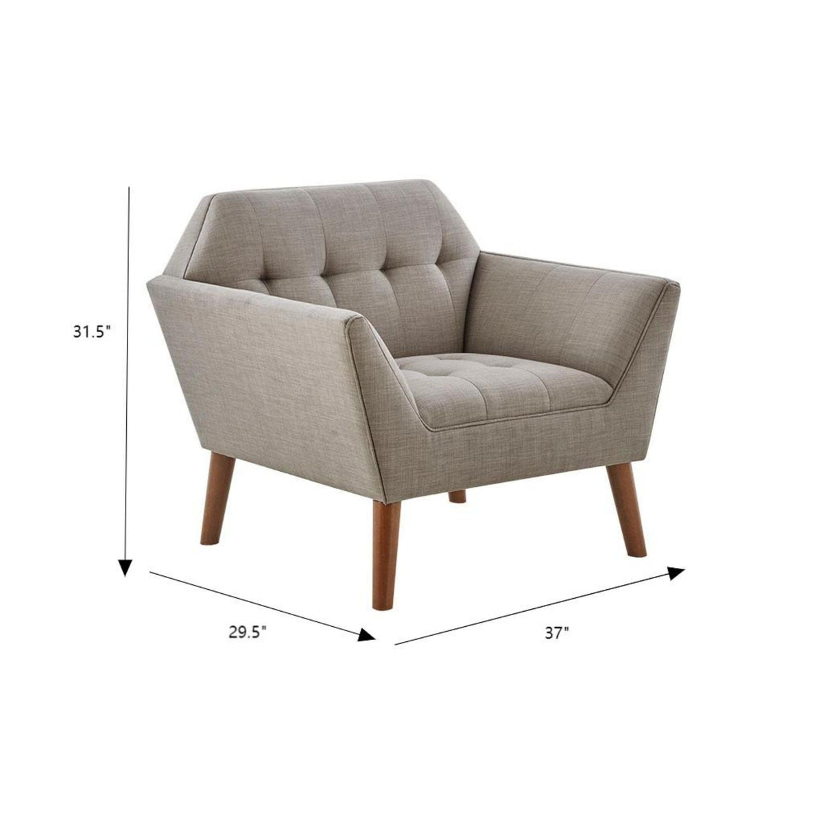 Modern lounge chair with button tufting in beige fabric and pecan wood legs on Tampa Home & Garden Store