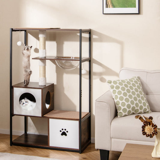 52 Inch Tall Wooden Cat Tree Metal Frame with 2 Condos and Cushions-Coffee - Tampa Home & Garden Store
